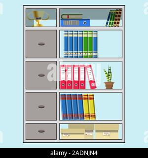 Office cupboards full of folders, books and paper boxes. On the shelfes winner cup, house plant and cabinet drawers in the cupboard. Flat style illust Stock Vector