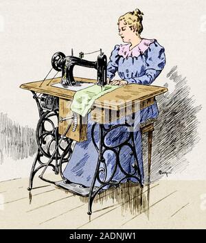 Electrical sewing machine. Historical artwork of a woman using a 19th-century electrical sewing machine. She is using her feet to operate a pedal that Stock Photo