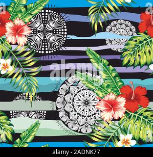 Tropical leaves and flowers with traditional, ethnic mandala. Seamless Geometric background. - vector Stock Vector