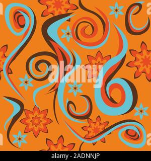 Abstract flowers motif and complex shapes isolated on orange background.Geometric spiral figures.Wavy. - Vector Stock Vector