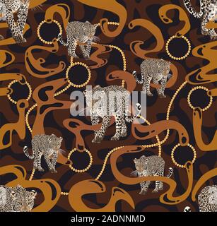 Leopard walking graphic design with gold accessories. Golden chains.Fashion figures. - Vector Stock Vector