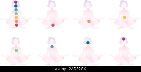 Set of 8 abstract meditated women in different colours 9 chakras. Female cartoon character sitting in lotus posture and meditating vipassana meditation. Trendy colours flat vector illustration. Stock Vector