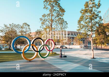 Tokyo, Japan - Nov 1, 2019: Olympic symbol logo at Japan New National Stadium in Shinjuku. Tokyo Summer Olympic 2020 host venue Stock Photo