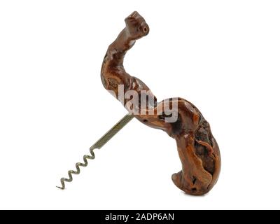 old vintage wooden wine corkscrew isolated on white background Stock Photo