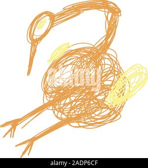 Crazy funny bird sitting sad in yellow and orange colours in doodles hand drawn style. Print for t-shirt for kids fashion artwork children and adults books. Fashion illustration drawing in modern style. Stock Vector
