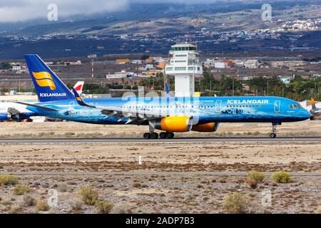 Tenerife, Spain – November 23, 2019: Icelandair Boeing 757-200 airplane at Tenerife South airport (TFS) in Spain.