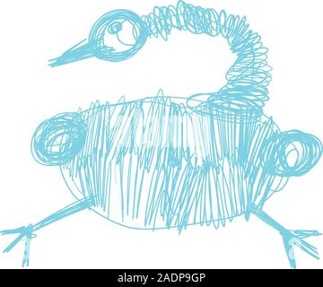 Crazy funny bird sitting in aqua colour in doodles hand drawn style. Print for t-shirt for kids fashion artwork children and adults books. Fashion illustration drawing in modern style. Stock Vector