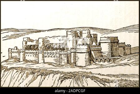 A 1933 depiction of Krak des Chevaliers, built by the Crusaders . Also known as Crac des Chevaliers, Ḥoṣn al-Akrād, Kurds Castle, Hisn al-Akrad and Fortress of the Kurds. Formerly known as Crac de l'Ospital. (In 1142 it was given by Raymond II, Count of Tripoli, to the order of the Knights Hospitaller). Also known as Order of Knights of the Hospital of Saint John of Jerusalem, Order of Saint John and Ordo Fratrum Hospitalis Sancti Ioannis Hierosolymitani. Stock Photo