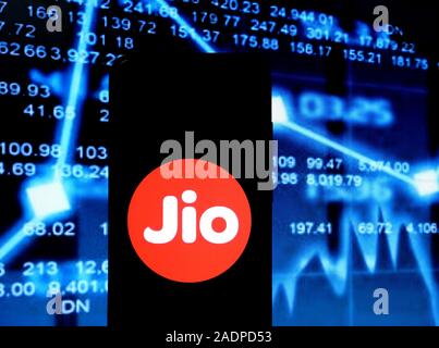 December 4, 2019, India: In this photo illustration popular Telecom company Reliance, Jio logo seen displayed on a smartphone. (Credit Image: © Avishek Das/SOPA Images via ZUMA Wire) Stock Photo
