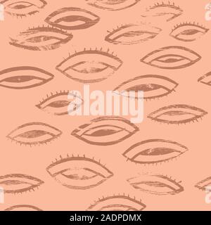 Anstract eye seamless trendy fashion pattern in terracotta and brown color. Hand drawn vector background. Trendy textile, fabric, wrapping.  Stock Vector