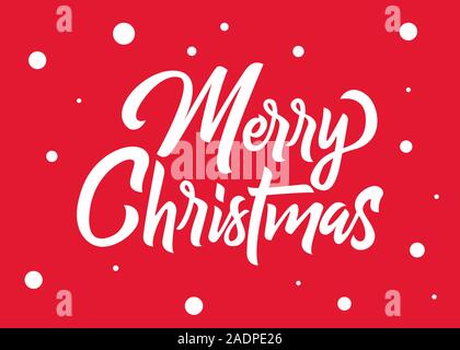 Merry Christmas hand lettering. White text with snowflakes isolated on red background. Christmas holidays typography. Vector illustration. Stock Vector