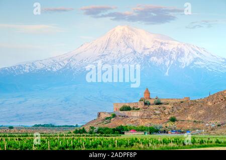 Khor Virap monastery and Mount Ararat at sunrise, near Lusarat, Ararat Province, Armenia. Stock Photo