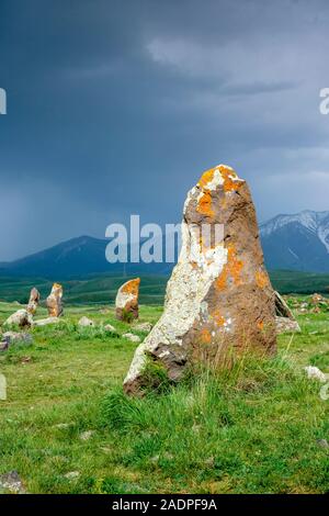 Zorats Karer (Carahunge) standing stones (menhirs), Sisian, Syunik Province, Armenia Stock Photo