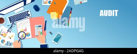 Vector of a financial analyst sitting at table examining business report. Stock Vector