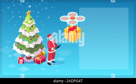 Vector of a modern santa claus controlling a drone with gift boxe delivering a present Stock Vector