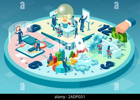 Time management and teamwork concept. Isometric vector of group of business people working on a launch of a successful project Stock Vector