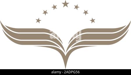 Gold colored wings on white background. Abstract wings and star shapes. Stock Vector