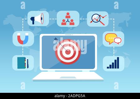 Vector concept for online marketing, using technology, internet communication, social networking Stock Vector