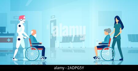 Elderly people patient care concept. Vector of a nurse and a robot pushing wheelchair with senior people Stock Vector