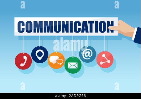 Vector of a businessman hand holding contact us symbols, call us icons. Stock Vector