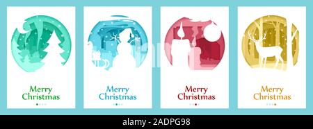 Vector set of a christmas postcard in a paper cut style. Stock Vector