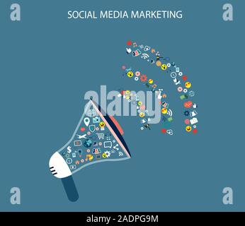 Digital marketing and networking concept. Vector of a megaphone and multiple socila media icons in the form of feedback or announcement Stock Vector