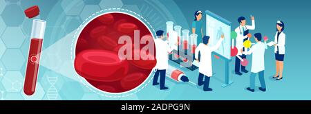 Vector of a medical test tube with red blood cells and a team of lab medical personnel performing diagnostic tests Stock Vector