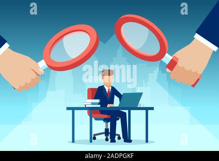 Vector of two managers with magnifying glass watching over at employee working at his desk on computer Stock Vector