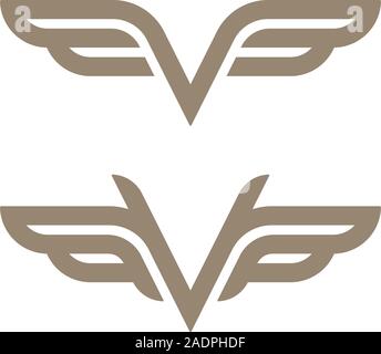 Gold colored wings outline icons. Abstract luxury logo template. Stock Vector