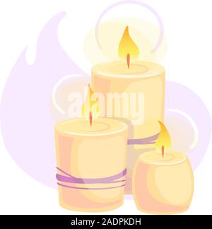Flat three candles spa for web social media design. Holiday celebration relaxation cartoon concept. Health care Aromatic vector illustration on isolated white. Fire Meditation logo icon decoration. Stock Vector