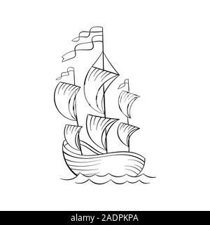 Sailboat black and white vector illustration. Ancient vessel with sails and flags sketch for coloring book. Vintage ship on waves engraving. Travel agency logo. Voyage tour poster design element Stock Vector