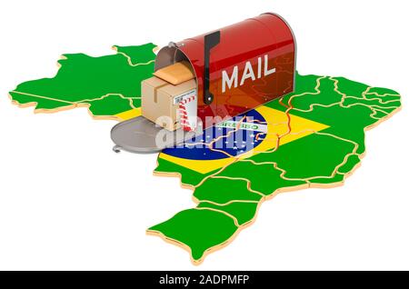 Mailbox on the Brazilian map. Shipping in Brazil, concept. 3D rendering isolated on white background Stock Photo