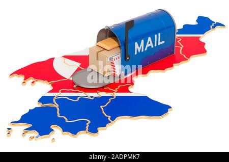 Mailbox on the map of North Korea. Shipping in North Korea, concept. 3D rendering isolated on white background Stock Photo