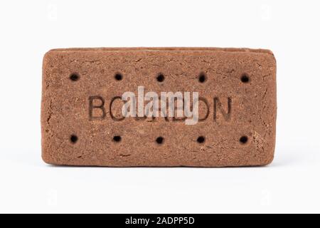 A chocolate Bourbon biscuit shot on a white background. Stock Photo