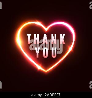 Thank you background. 3d realistic heart shape neon light sign and glowing thankful letters star sparkle. Shining frame on dark red background. Night Stock Vector