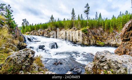 The Cascades of the Firehole River along the Firehole Canyon Road in Yellowstone National Park, Wyoming, United States Stock Photo