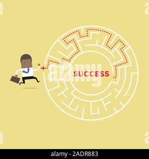 African businessman going to success in a maze. Stock Vector