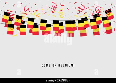 Belgium garland flag with confetti on gray background, Hang bunting for Belgium celebration template banner. Stock Vector