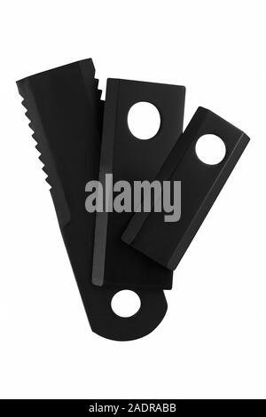 Group of Rotary Mower Blades, Slasher Blades, rotary Cutter placed on white isolated background. Agricultural Spare Part Stock Photo