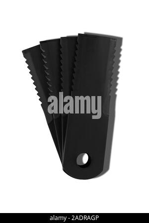 Group of Rotary Mower Blades, Slasher Blades, rotary Cutter placed on white isolated background with shadow. Agricultural Spare Part Stock Photo