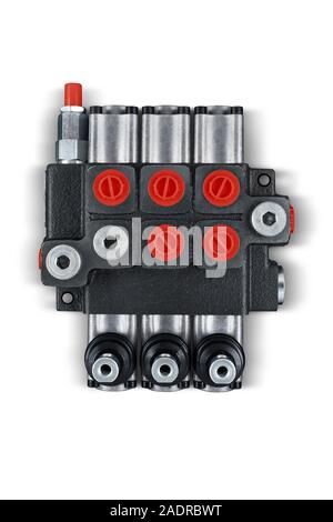 Three section Hydraulic distributor of the tractor on isolated white background with shadow Stock Photo