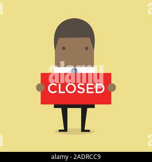 African businessman hold a sign Closed in his hands. Stock Vector