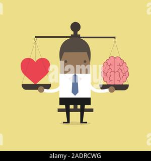 African businessman with Heart and brain on scales. Stock Vector