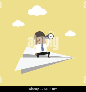 African businessman is flying while using telescope. Stock Vector