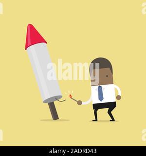 African businessman launching firework rocket. Business concept cartoon. Stock Vector