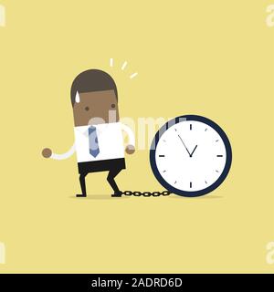 African businessman gets chained with big clock in time concept. Stock Vector