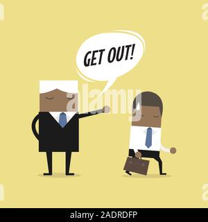 Angry boss firing African businessman employee. Layoff concept, jobless and employee job reduction concept. Stock Vector