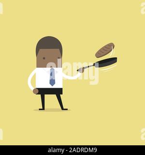 African businessman making fresh pancakes on breakfast. Stock Vector
