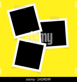Three square photo frames with sticky tape on yellow background. Stock Vector