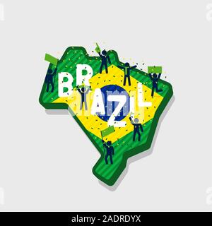 Brazil map and soccer or football fans cheering on the map. Stock Vector